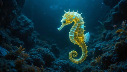 a glowing seahorse floating in the deep sea, with its fins and body emitting a soft glow in the dark ocean atmosphere, surrounded by rocks and various seaweeds.