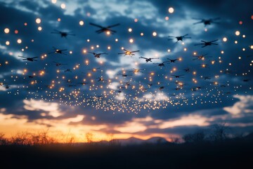 AI drones creating intricate sculptures in the sky using glowing LED lights