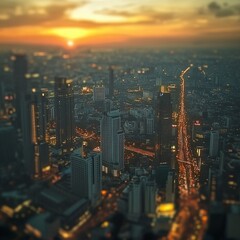 Fototapeta premium cinematic cityscape at sunset, tilt-shift lens for selective focus, HDR for balanced contrast, and high angle shot.
