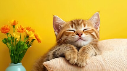 Cute ginger cat happily resting on a pillow beside a vibrant flower vase