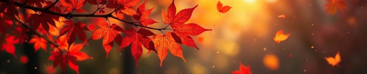 Fototapeta premium Amber hues on crimson leaves dance in autumn breeze, autumn, deciduous trees