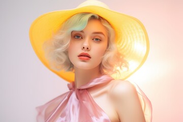 A woman with a yellow hat and pink dress poses for a photo