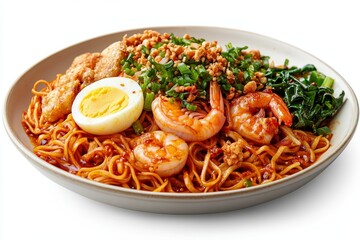 Delicious spicy shrimp noodles with egg and greens.