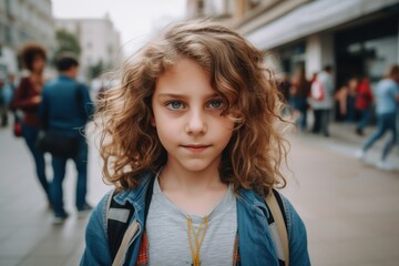 A young girl with curly hair is standing in front of a crowd of people