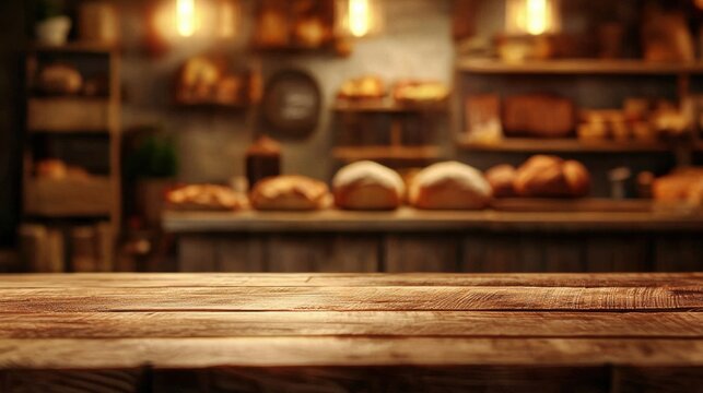 Empty wooden table top in blurred bakery background. Blank nature textured desk for product display in abstract blurred food shop backdrop