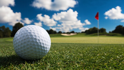 Obraz premium Golf ball sitting on lush green grass with red flag in background