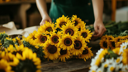 A florist carefully assembling a vibrant bouquet of sunflowers in a bright floral shop during the afternoon. Generative AI © Karina Korytchenko
