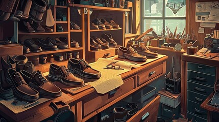 Classic cobbler workspace with leather tools and shoes in progre