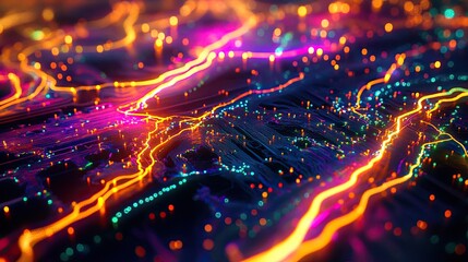 Obraz premium Vibrant glowing lines and particles flow across a dark background.