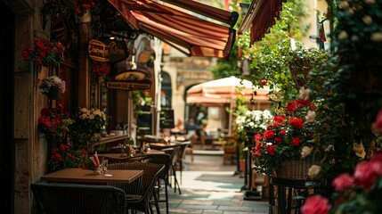 Obraz premium Classic European cafe with outdoor seating and floral arrangements