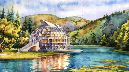 Spherical House with Conical Design by a Lake, Innovative Architectural Illustration in Watercolor, Serene Lakefront Architecture with Natural Surroundings