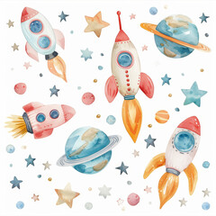 Colorful Watercolor Rockets and Planets in Space Themed Illustration © inspiring 