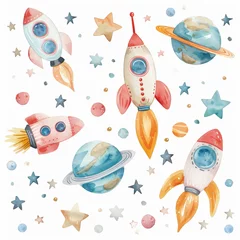 Colorful Watercolor Rockets and Planets in Space Themed Illustration © inspiring 