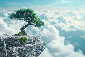 Obraz premium A solitary tree stands majestically on a rocky cliff above the clouds under a bright sky.