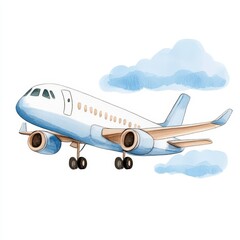 Airplane in Flight, Watercolor Illustration, Isolated on White Background Cutout
