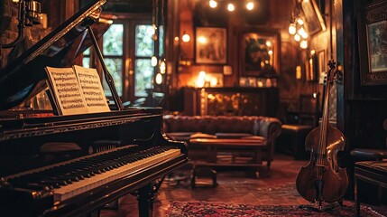 Classic jazz club scene with vintage instruments and a cozy ambiance -