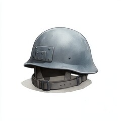Fototapeta premium Vintage Military Helmet, Gray Steel with Leather Chin Strap, Isolated on White Background Cutout