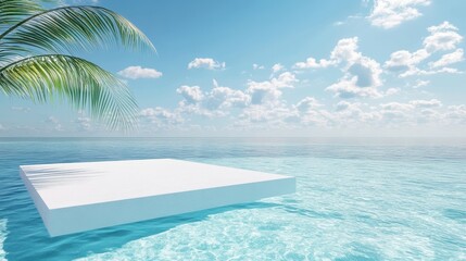 3d background product display podium scene with leaf geometric platform,cloud and sky, palm shadows and white stone podium,Mockup for eco beauty cosmetic advertising,Copy space.