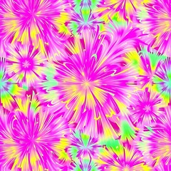 Obraz premium Vibrant Floral Burst: A kaleidoscope of hot pink, yellow, and lime green flowers in a dynamic, swirling pattern. Perfect for textile design, fashion, and vibrant backgrounds. 