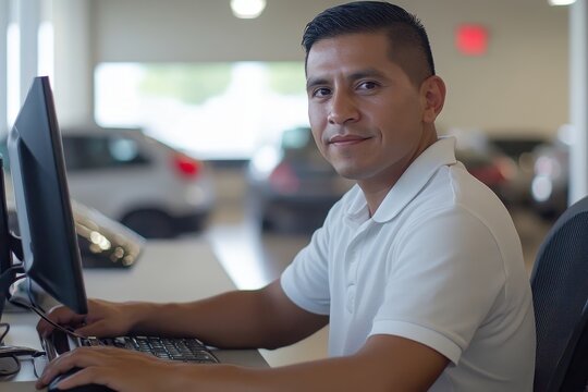 Hispanic man working on computer in car dealership. Shows customer service, sales, or tech support.