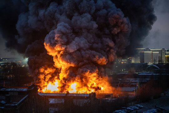 Orange toxic smoke from flames or fires of warehouses and industrial building at night. Burning house or adjacent area requiring the arrival of fire and rescue personnel due to fire safety violations.