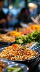 Obraz premium Delicious Pad Thai with Cashews at a Vibrant Asian Street Food Market