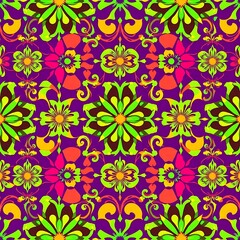 Vibrant Floral Mandala Pattern: A seamless repeat design featuring bright, bold flowers and intricate mandala-style elements in a captivating psychedelic color palette. Perfect for textiles.
