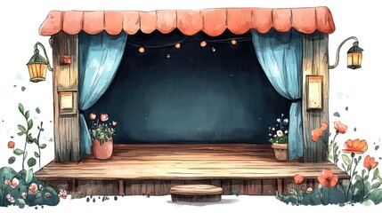 A quaint wooden stage with blue curtains, string lights, potted flowers, and lanterns, set against a backdrop of lush greenery.
