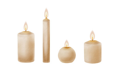 Wax candles set with wicks,wide,slim,round medium and high sizes,flame of fire as a symbol of faith.Watercolor illustration in realism isolated on transparent background for prayer and celebration