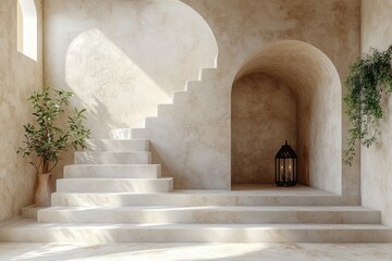 This image showcases a serene and minimalist bedroom interior design. The room features a raised platform bed with neutral-colored bedding and a large arched window that brings in natural light. The w