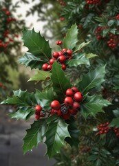 A sprig of holly with bright red berries is nestled among lush evergreen branches , evergreen branches, Christmas ornaments
