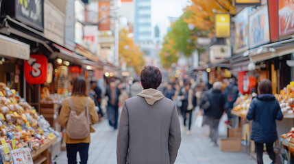 Lost in Tokyo: A solitary figure walks down a vibrant, bustling street in Tokyo, Japan, surrounded by a captivating array of shops and people. The image evokes a sense of adventure and exploration.