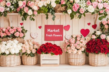 The scene of a charming rustic flower market. Rows of wicker baskets and wooden crates overflowing with lush roses. A cozy, warm atmosphere, a foretaste of romance and celebration.