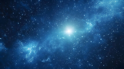 Starry sky with Milky Way and bright star in focus, deep space background with blue tones and mysterious atmosphere. 