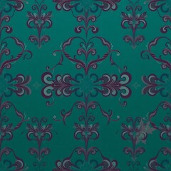 Fototapeta premium Teal Floral Damask Pattern: A seamless pattern with a vintage feel, featuring intricate floral motifs in shades of purple and blue against a teal background.