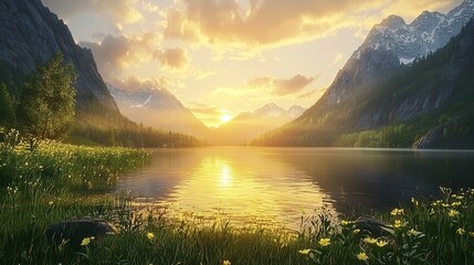 Sunset in the mountain valley. Beautiful natural landscape.