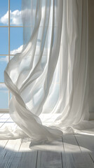 Flowing white curtain by sunny window