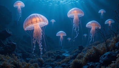glowing jellyfish floating in deep water, with their soft light reflecting off seaweeds and rocks on the ocean floor.