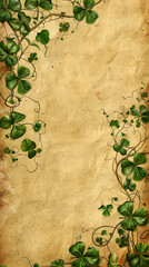 Vintage clover leaf border on aged parchment background