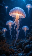 glowing jellyfish floating in deep water, with their soft light reflecting off seaweeds and rocks on the ocean floor.