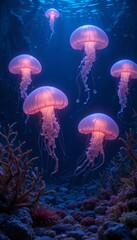 glowing jellyfish floating in deep water, with their soft light reflecting off seaweeds and rocks on the ocean floor.