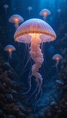 glowing jellyfish floating in deep water, with their soft light reflecting off seaweeds and rocks on the ocean floor.