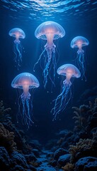 glowing jellyfish floating in deep water, with their soft light reflecting off seaweeds and rocks on the ocean floor.