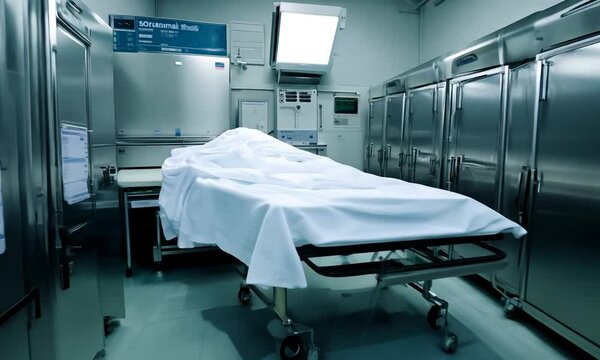 A sterile corridor in a morgue with metal storage units.