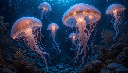 glowing jellyfish floating in deep water, with their soft light reflecting off seaweeds and rocks on the ocean floor.