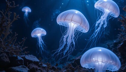 glowing jellyfish floating in deep water, with their soft light reflecting off seaweeds and rocks on the ocean floor.