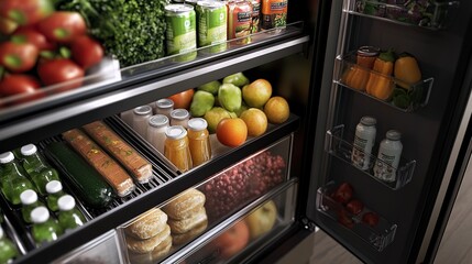 Fototapeta premium Well-organized refrigerator filled with fresh produce, drinks, and packaged foods.