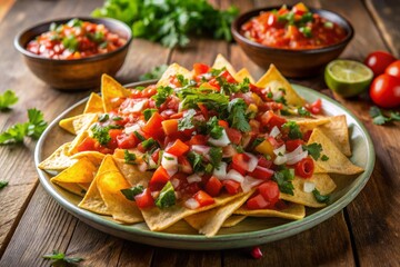 Spicy Mexican Nachos Recipe: Eye-Level Photo of Crispy Tortilla Chips, Melted Cheese, Pico de Gallo & Salsa