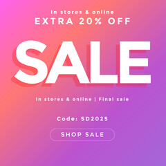 Gradient social  sale banner 20% off template for social media posts, mobile apps, banners design, web or internet ads, Sale 50% off, Mid season sale
