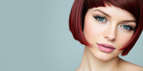Fototapeta premium Woman with a red bob hairstyle and striking eyes against a light background